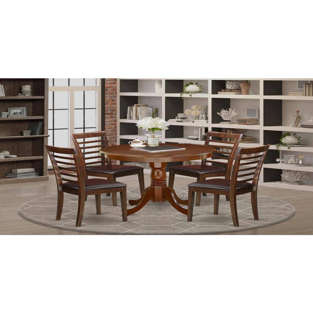 Mahogany Round Pedestal Dining Table with 4 Faux Leather Chairs