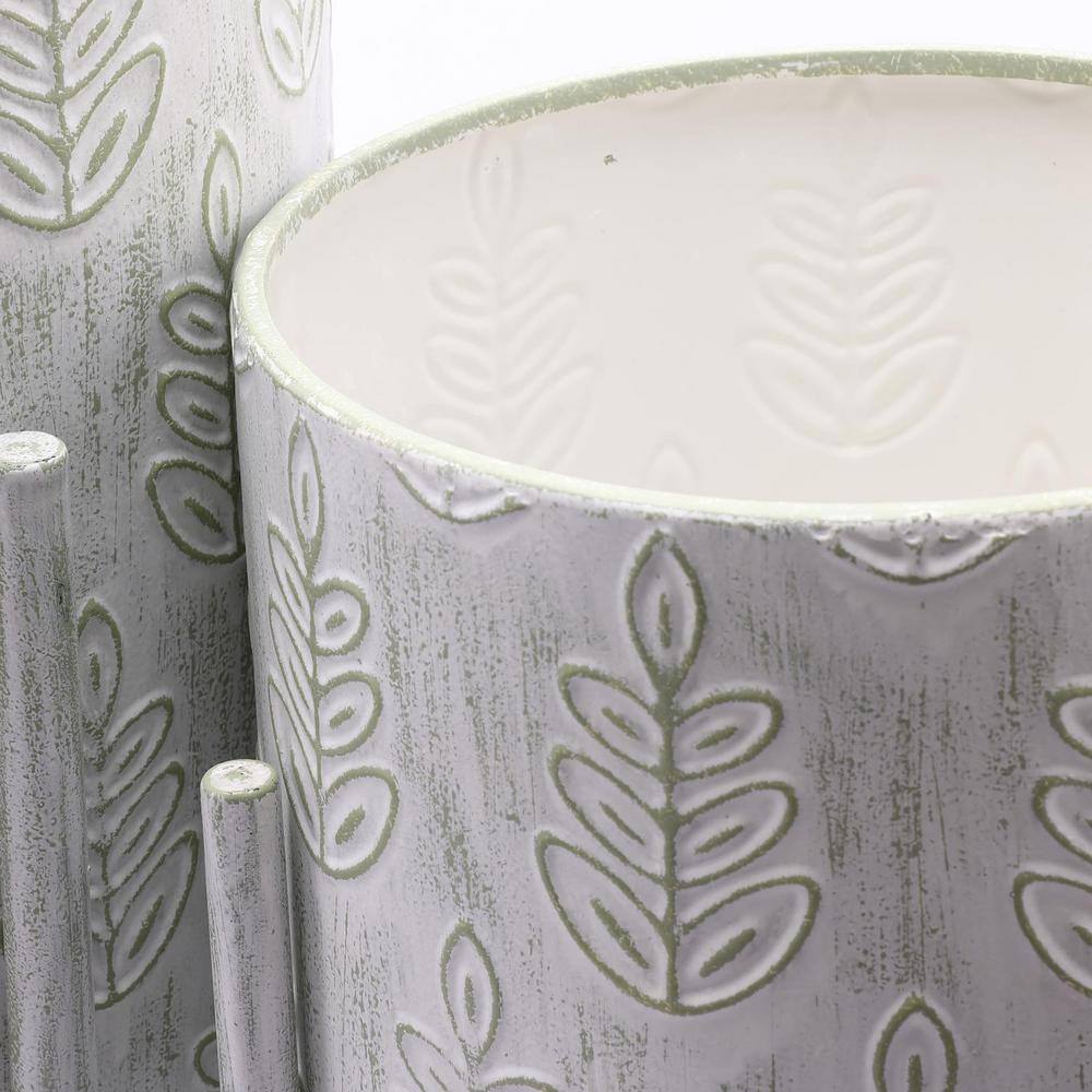 Elegant White and Sage Metal Leaf Embossed Planter Set with Stand