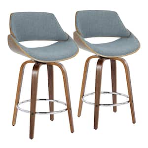 Fabrizzi 25 in. Blue Fabric, Walnut Wood and Chrome Metal Fixed-Height Counter Stool with Round Footrest (Set of 2)
