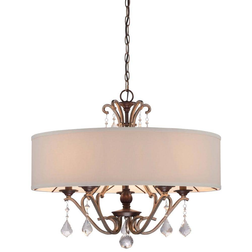 Gwendolyn Place Drum Chandelier with Oatmeal Linen Shade and Crystal Accents