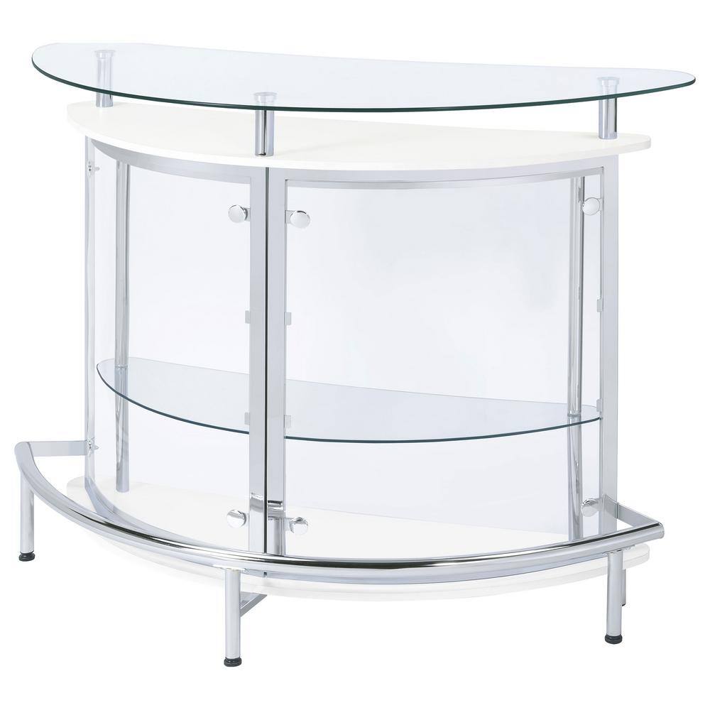 White and Chrome Glass Top Freestanding Home Bar Cabinet