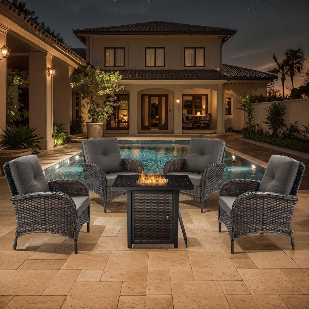 Brown 5-Piece Wicker Patio Fire Pit Set, Outdoor 4-Person Seating Set with Olefin Gray Cushions and Armchairs price history on PriceWatchPro