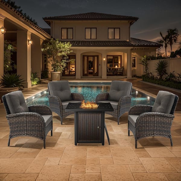 Brown 5-Piece Wicker Patio Fire Pit Set, Outdoor 4-Person Seating Set with Olefin Gray Cushions and Armchairs