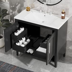 36 in. W x 18.3 in. D x 33.3 in. H Freestanding Bath Storage Vanity in Black with White Ceramic Top Single Basin Sink