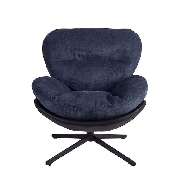 360° Swivel Chenille Chair. Swivel Office Chair with Faux Leather & Black Metal Base Frame for Small Spaces in Dark Blue