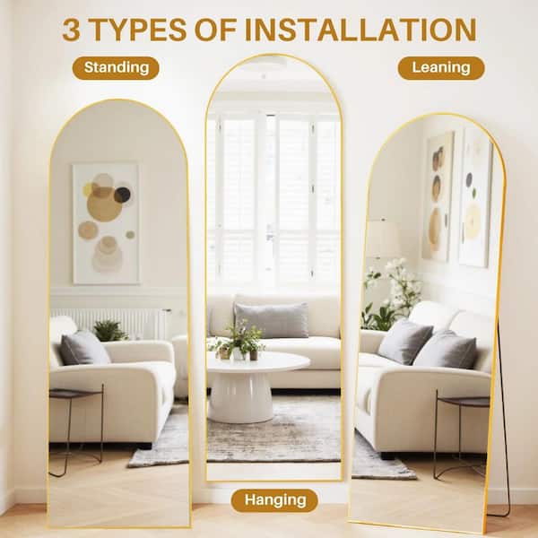 64 in. x 21 in. Full Length Arched Top Wall Mount Bathroom Vanity Mirror with Stand Aluminum Alloy Thin Frame in Gold