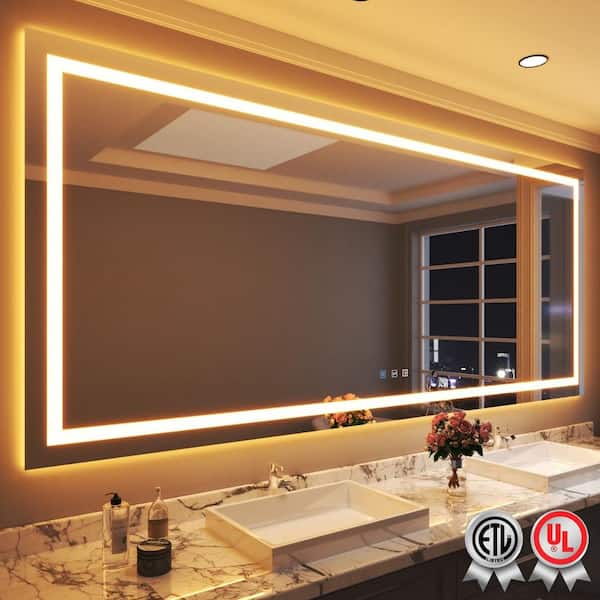 waterpar 110 in. W x 48 in. H Rectangular Frameless Wall Bathroom Vanity Mirror with Backlit and Front Light
