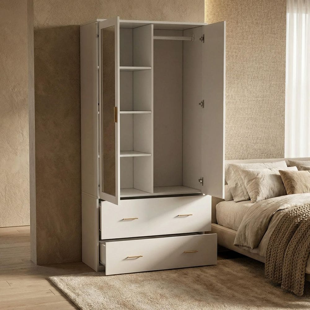 White 2-Door Bedroom Armoire with Mirror, Hanging Rod, 2-Drawer and Storage Shelves (18.9 in. D x 31.5 in. W x 72 in. H)