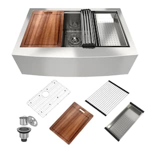 33 in. Farmhouse/Apron-Front Single Bowl 18 Gauge Brushed Stainless Steel Workstation Kitchen Sink with Accessories