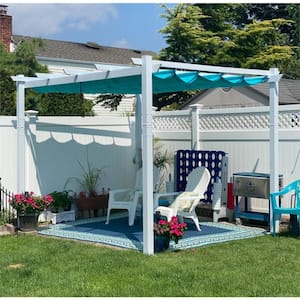 10 ft. x 10 ft. Turquoise Blue Aluminum Outdoor Retractable Pergola with Sun Shade Canopy Cover White Patio Shelter