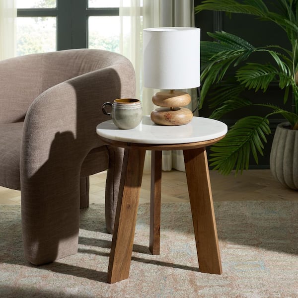 Sanji 18 in. White/Brown Marble Round End Table
