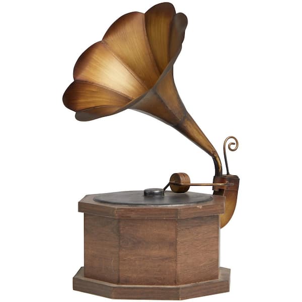 Litton Lane Copper Metal Antique Gramophone with Brown Wooden Base
