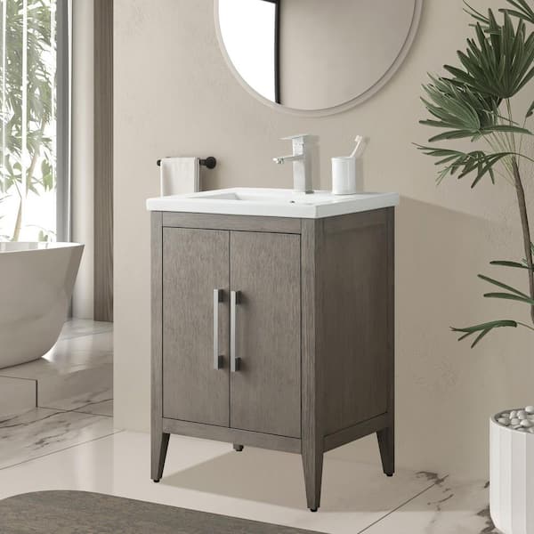 24 in. W x 18.5 in D x 34 in. H Single Sink Bathroom Vanity Cabinet in Driftwood Gray with Ceramic Top