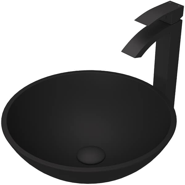 VIGO Matte Shell Cavalli Glass Round Vessel Bathroom Sink in Black with Duris Faucet and Pop-Up Drain in Matte Black