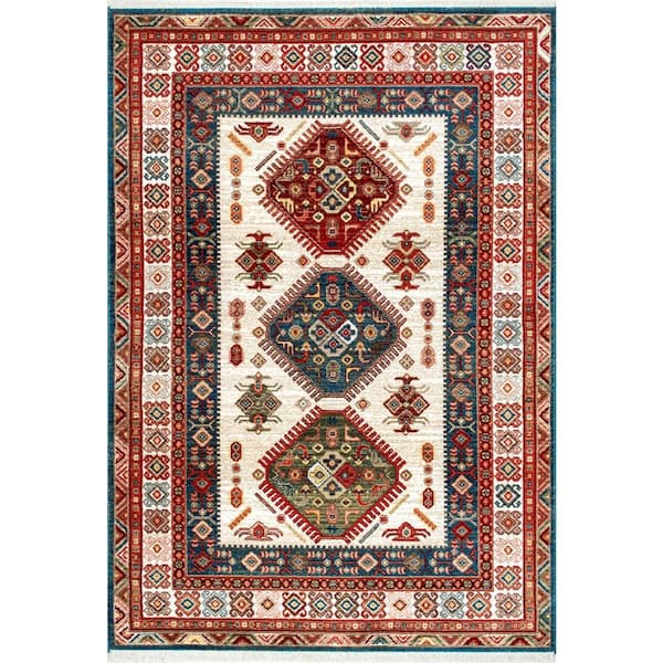nuLOOM Qiana Emblem Fringe Ivory 5 ft. x 8 ft. Area Rug