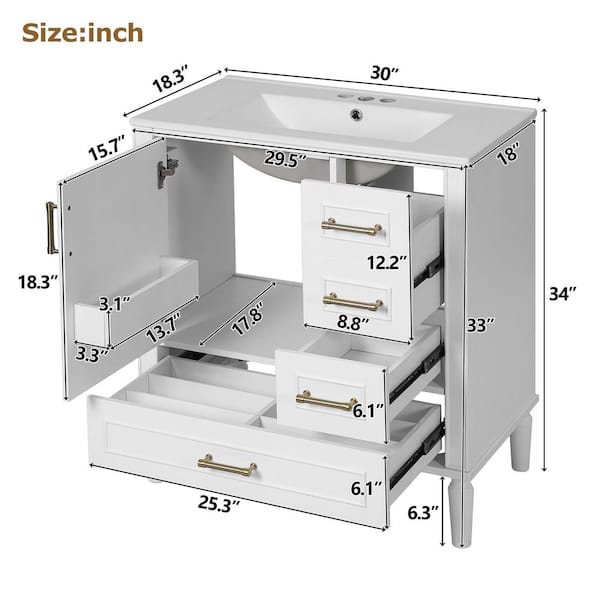 Ziyudura 30 in. Single Sink Freestanding White Bath Vanity with