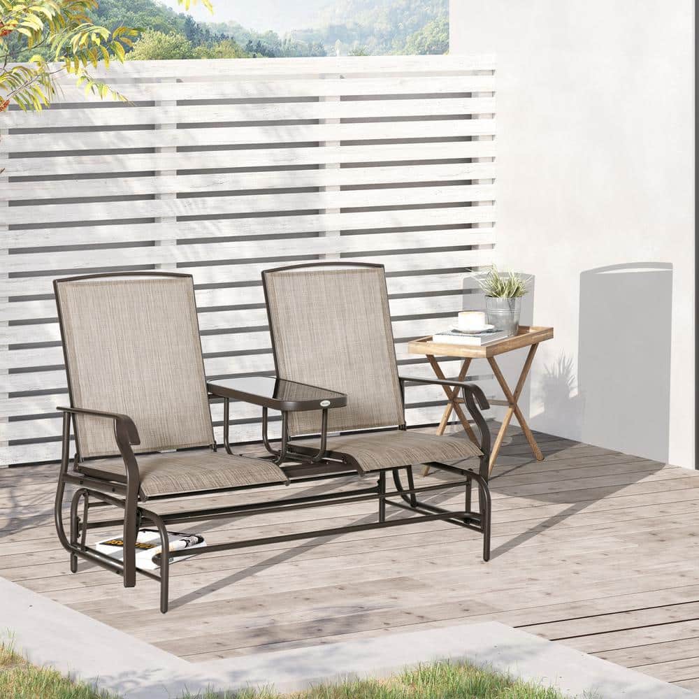 Brown Steel 2-Person Outdoor Glider Bench with Center Table