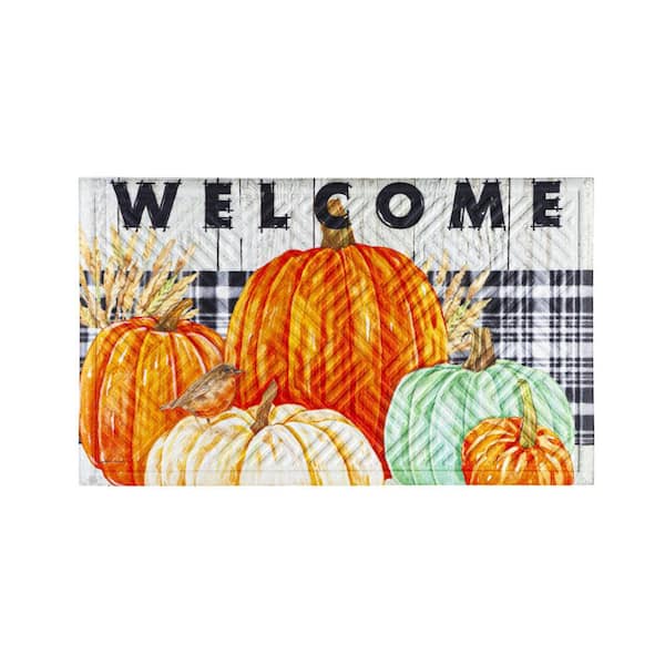 Checkered Fall Harvest Pumpkin Doormat 18 x 30 Orange