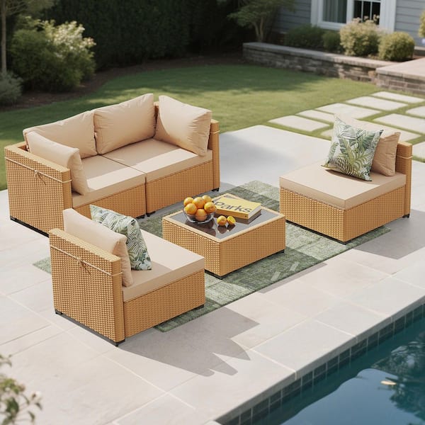 UPHA 5-Piece Wicker Patio Conversation Sectional Seating Set with Beige Cushions