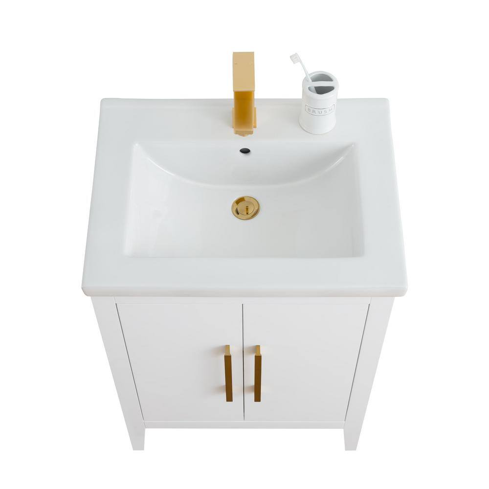 24" White Single Sink Bathroom Vanity with Gold Hardware