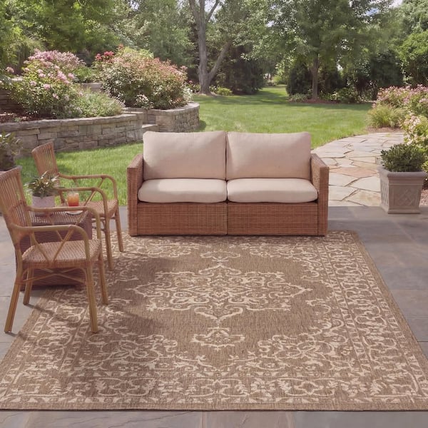 Courtyard Brown/Beige 8 ft. x 11 ft. Border Ornate Indoor/Outdoor Area Rug