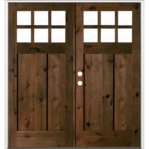 Krosswood Doors 64 in. x 80 in. Knotty Alder Right-Hand/Inswing Double 6-Lite Clear Glass Espresso Stain Wood Prehung Front Door