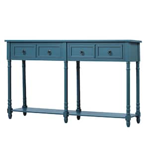 58 in. Antique Navy Rectangular Solid Wood Console Table Sofa Table with Drawers and Long Shelf