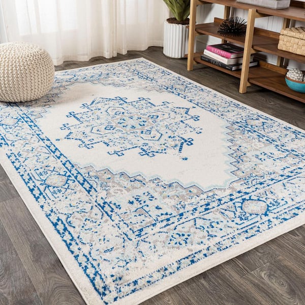 Inigo Blue and White Cottage Medallion Blue/Gray 3 ft. x 5 ft. Area Rug