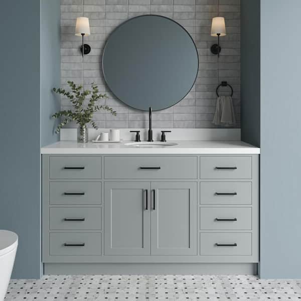 ARIEL Hepburn 61 in. W x 22 in. D x 36 in. H Bath Vanity in Grey with Pure White Quartz Vanity Top with White Basin