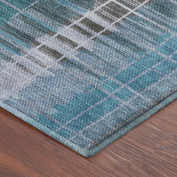 Mayfield Premium Machine Washable Abstract AMF2261 Teal 2 ft. x 7 ft. Runner Rug