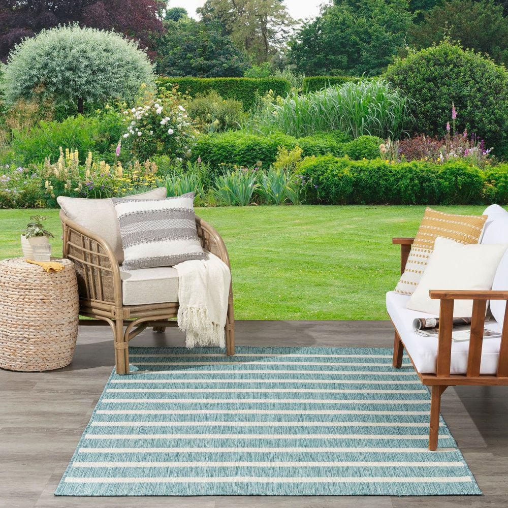 Aqua Ivory 8' x 10' Striped Synthetic Flatweave Rug