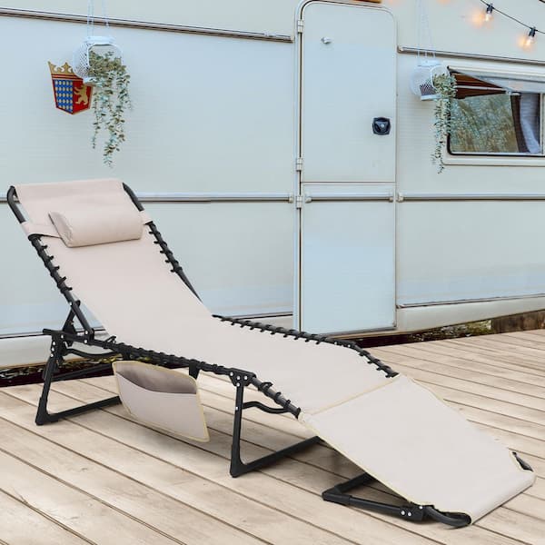 Black Folding Oxford and Steel Outdoor Lounge Chair in Khaki with 5-Position Adjustable Backrest
