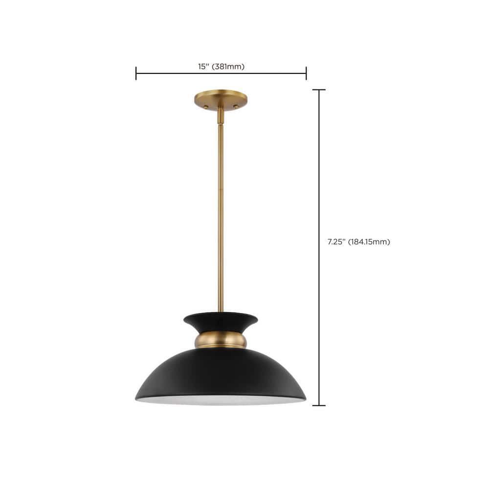 Matte Black and Burnished Brass 15" Pendant Light