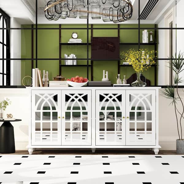 FUFU&GAGA White Wooden 63 in. W, Mirrored Accent Strorage Cabinet, Sideboard with 4 Shelves and 4 Elegant Feet