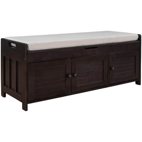 Unbranded 43.5 in. W x 16 in. D x 18 in. H Espresso Brown Storage Bench Linen Cabinet with 3-Doors and Adjustable Shelf