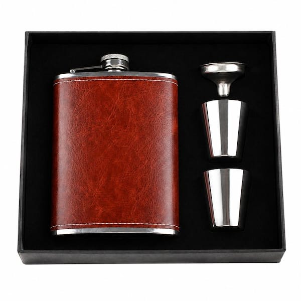8 oz Brown PU Leather Stainless Steel Flask Gift Set with Funnel and Shot Cups for Groomsmen and Outdoor