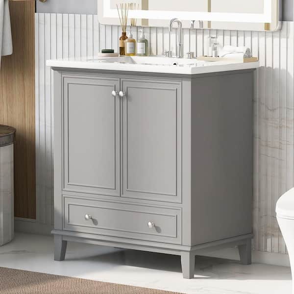 Ziyudura 30 in. Single Sink Freestanding Grey Bath Vanity with White Ceramic Top, Adjustable Shelf, Drawer, Door Racks