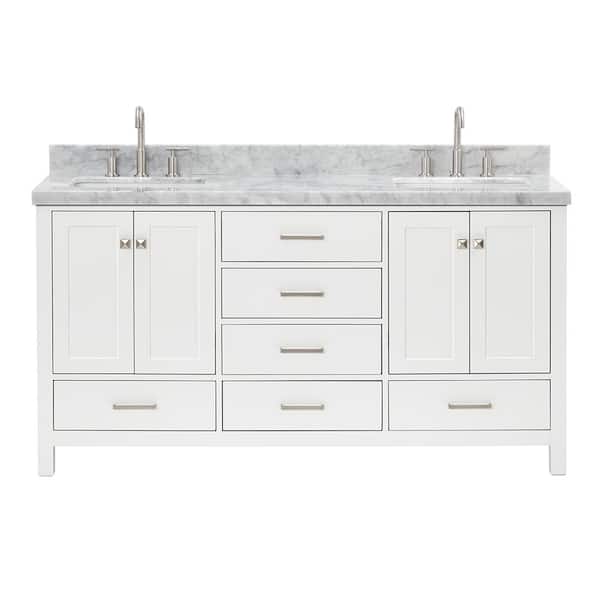Cambridge 66 in. W x 22 in. D x 36 in. H Double Bath Vanity in White with Carrara White Marble Top with White Basins
