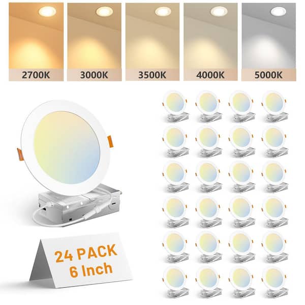 6 in. Adjustable 5CCT 24-Pack Canless LED Recessed Ceiling Light 1050LM Brightness Dimmable 12W