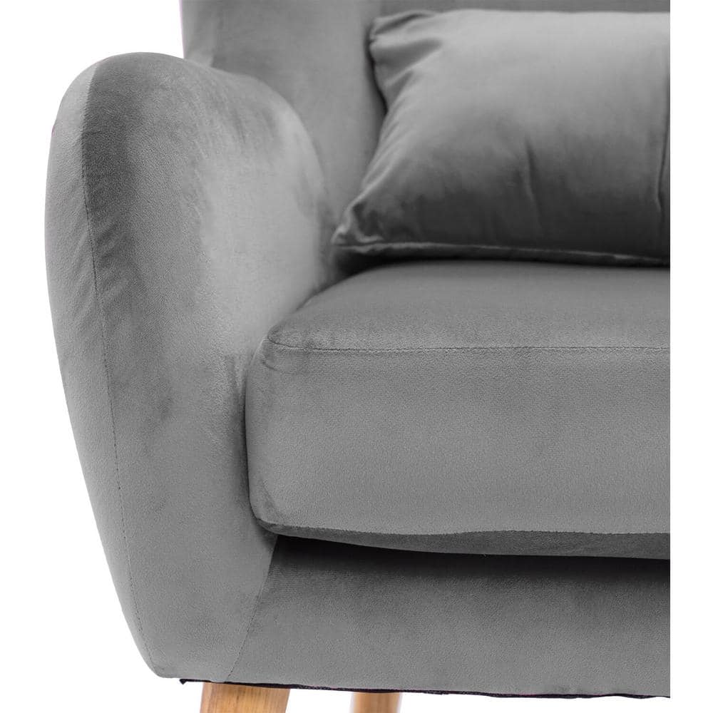 Elegant Gray Faux Velvet Wingback Accent Armchair with Wooden Legs