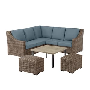 Rock Cliff 6-Piece Brown Wicker Outdoor Patio Sectional Sofa Set with Ottoman and Sunbrella Denim Blue Cushions