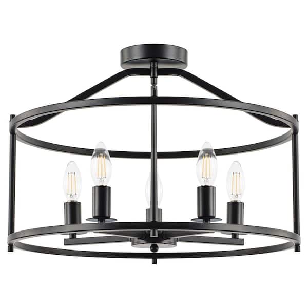 5-Light 19.69 in. Modern Farmhouse Matte Black Open Drum Frame Semi-Flush Mount Ceiling Light