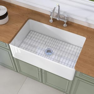 30 in. Farmhouse Apron Front Kitchen Sink Single Bowl Kitchen Sink Fireclay Sink in White with Bottom Grid and Strainer