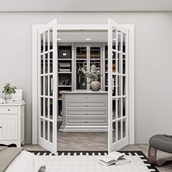 72 in. x 80 in. 15 Lite Clear Glass White Solid Core Glass French Door without Jamb Double Interior Door Slab+Ball Catch