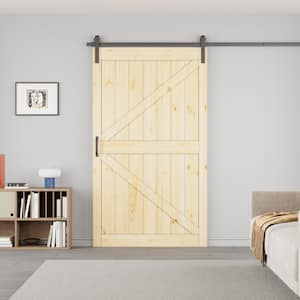 48 in. x 84 in. Paneled K-Shape Solid Pine Wood Unfished Sliding Barn Door Slab with Installation Hardware Kit