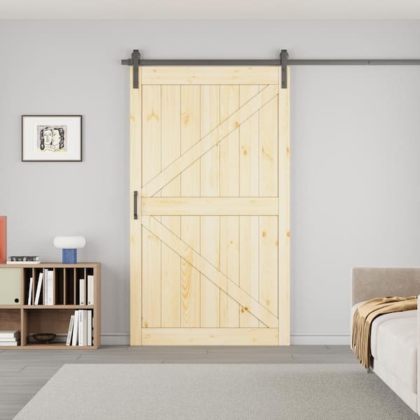 48 in. x 84 in. Paneled K-Shape Solid Pine Wood Unfished Sliding Barn Door Slab with Installation Hardware Kit