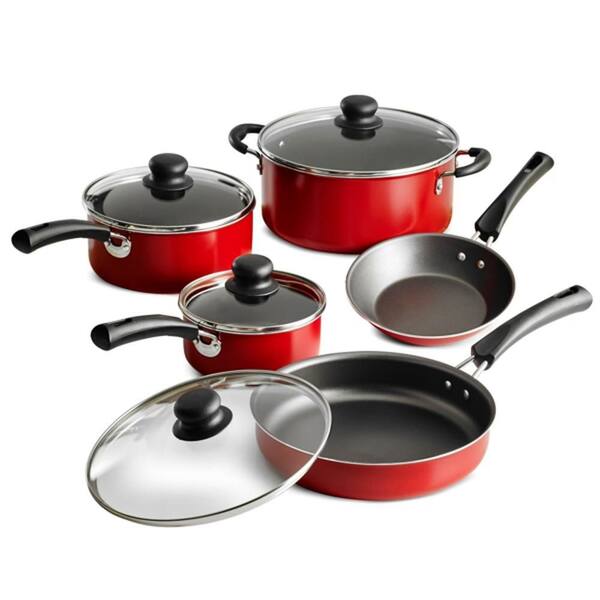 9-Piece Non-Stick Aluminum Cookware Set, Red Kitchen Pots and Pans Set with Glass Lids, Stay-Cool Handles