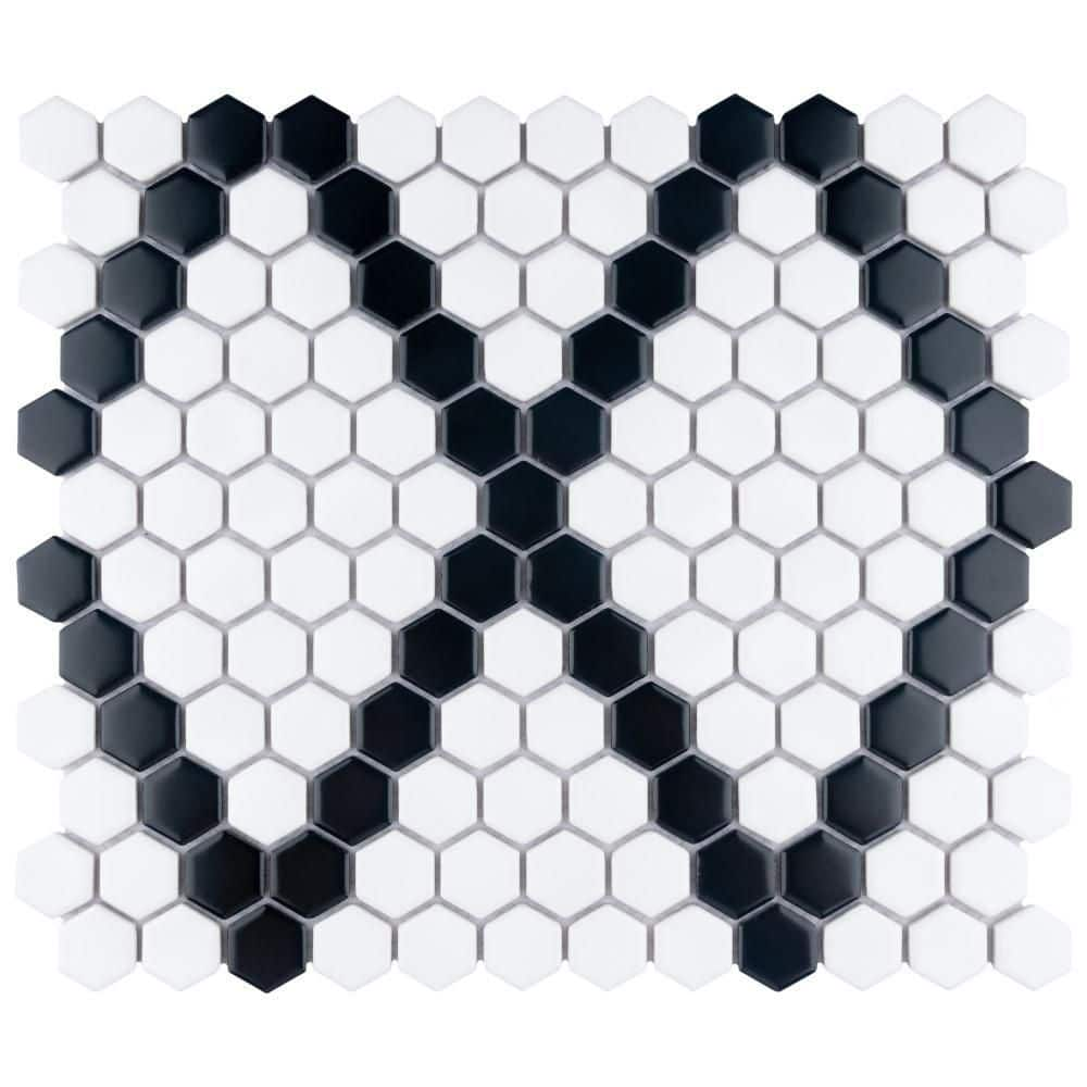 Merola Tile Metro 1 in. Hex Matte White with Black Diamond 10-1/4 in. x ...