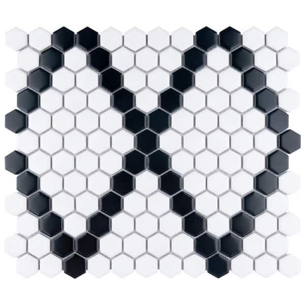 Merola Tile Metro 1 in. Hex Matte White with Black Diamond 6 in. x 6 in. Porcelain Mosaic Take Home Tile Sample