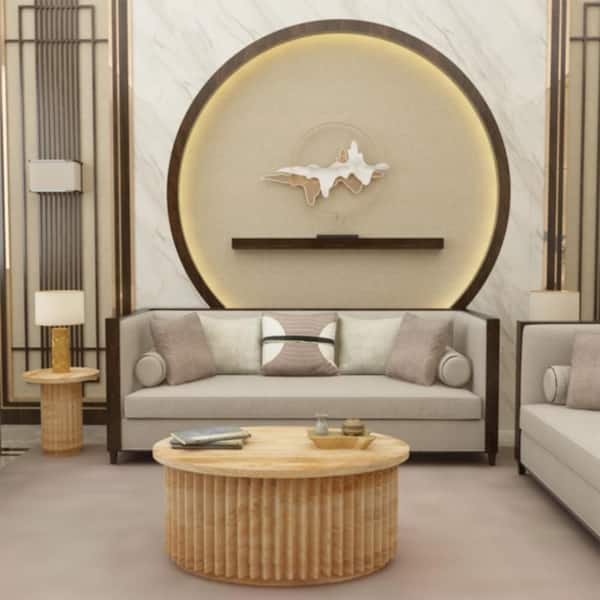 THE URBAN PORT 24 in. Natural Brown Oval Mango Wood Coffee Table with Reeded Base and Hidden Storage